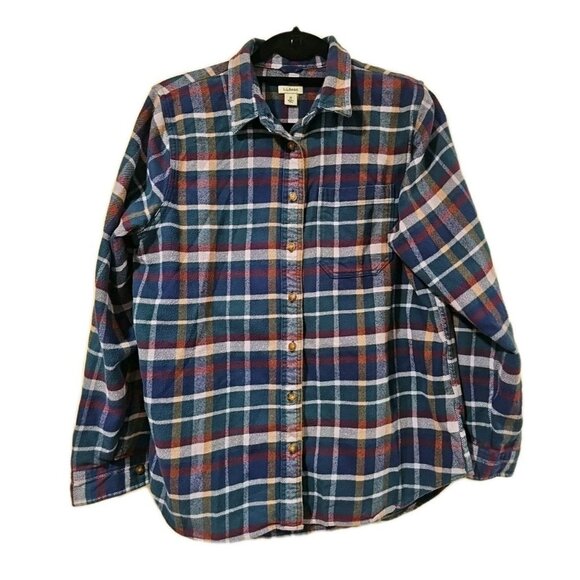 LL Bean Plaid Flannel Shirt MED Colorful Blue Green Casual 100% Organic Cotton - Picture 2 of 10